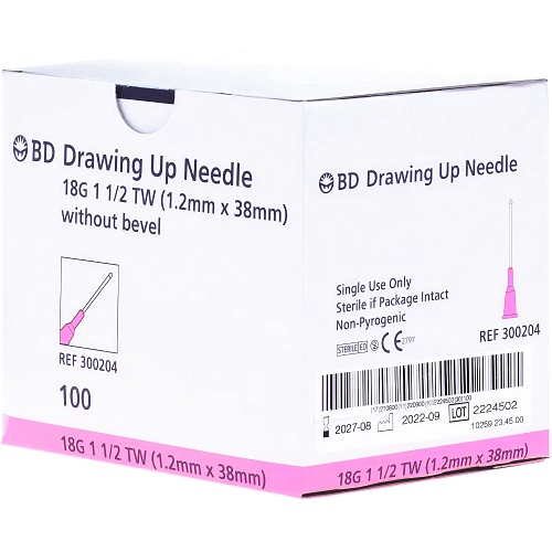 BD Drawing Up Hypodermic Needle 18G X 38mm Pink 300204 Box/100