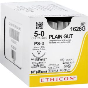J&J Ethicon Plain Gut 5-0 Suture With PS-3 16mm 3/8 Circle Needle 45cm 1626G Box/12