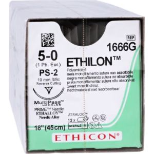 J&J Ethicon Ethilon Nylon 5-0 Suture With PS-2 19mm 3/8 Circle Needle 45cm 1666G Box/12