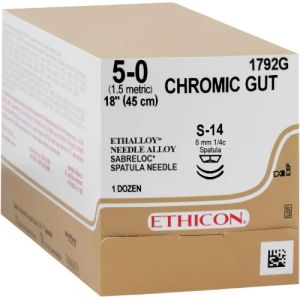 J&J Ethicon Chromic Gut 5-0 Suture With S-14 8mm 1/4 Circle Needle 45cm 1792G Box/12