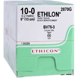 J&J Ethicon Ethilon Nylon 10-0 Suture With BV75-3 3.8mm 3/8 Circle Needle 13cm 2870G Box/12