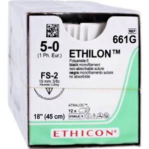 J&J Ethicon Ethilon Nylon 5-0 Suture With FS-2 19mm 3/8 Circle Needle 45cm 661G Box/12