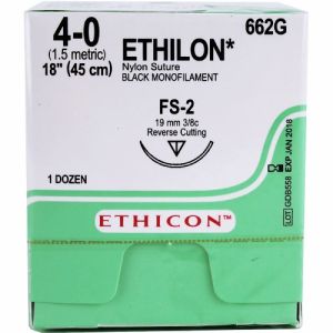 J&J Ethicon Ethilon Nylon 4-0 Suture With FS-2 19mm 3/8 Circle Needle 45cm 662G Box/12