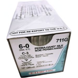 J&J Ethicon Perma-Hand 6-0 Suture With C-3 13mm 3/8 Circle Needle 30cm 711G Box/12