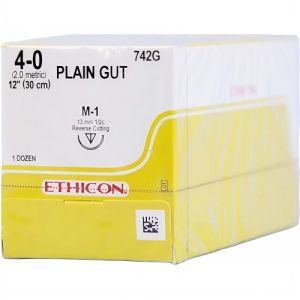 J&J Ethicon Plain Gut 4-0 Suture With M-1 13mm 1/2 Circle Needle 30cm 742G Box/12