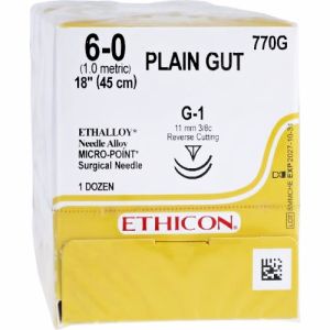 J&J Ethicon Plain Gut 6-0 Suture Double-Armed With G-1 11mm 3/8 Circle Needle 45cm 770G Box/12