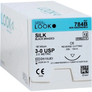 Corza LOOK 3-0 Silk Suture With C6 19mm 3/8 Circle Needle 45cm 784B Box/12
