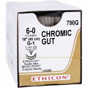 J&J Ethicon Chromic Gut 6-0 Suture Double-Armed With G-1 11mm 3/8 Circle Needle 45cm 790G Box/12