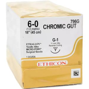 J&J Ethicon Chromic Gut 6-0 Suture Single-Armed With G-1 11mm 3/8 Circle Needle 45cm 796G Box/12