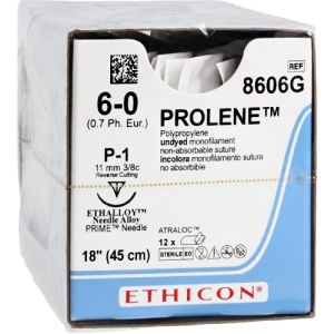 J&J Ethicon Prolene 6-0 Suture With P-1 11mm 3/8 Circle Needle 45cm 8606G Box/12