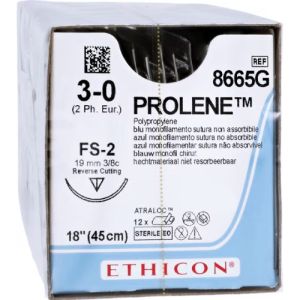 J&J Ethicon Prolene 3-0 Suture With FS-2 19mm 3/8 Circle Needle 45cm 8665G Box/12
