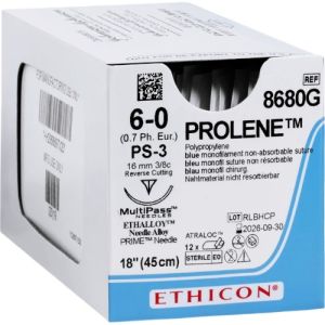 J&J Ethicon Prolene 6-0 Suture With PS-3 16mm 3/8 Circle Needle 45cm 8680G Box/12