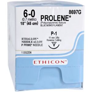 J&J Ethicon Prolene 6-0 Suture With P-1 11mm 3/8 Circle Needle 45cm 8697G Box/12