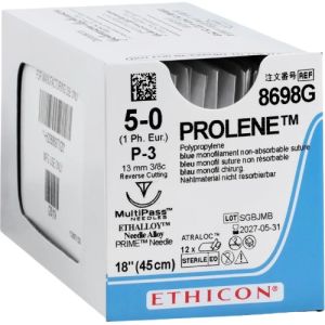 J&J Ethicon Prolene 5-0 Suture With P-3 13mm 3/8 Circle Needle 45cm 8698G Box/12