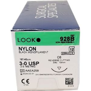 Corza LOOK 3-0 Nylon Suture With C6 19mm 3/8 Circle Needle 45cm 928B Box/12
