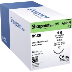 Corza Sharpoint 5-0 Nylon Suture With FS-2 19mm 3/8 Circle Needle 45cm A661N Box/12