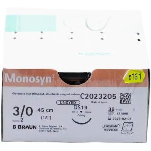 Braun Monosyn 3-0 Suture With DS19 19mm 3/8 Circle Needle 45cm C2023205 Box/36