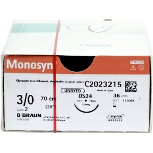 Braun Monosyn 3-0 Suture With DS24 24mm 3/8 Circle Needle 70cm C2023215 Box/36