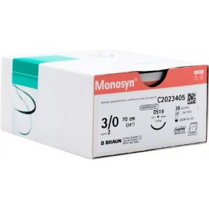 Braun Monosyn 3-0 Suture With DS19 19mm 3/8 Circle Needle 70cm C2023405 Box/36
