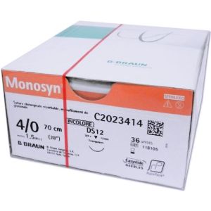Braun Monosyn 4-0 Suture With DS12 12mm 3/8 Circle Needle 70cm C2023414 Box/36
