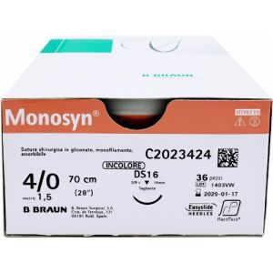 Braun Monosyn 4-0 Suture With DS16 16mm 3/8 Circle Needle 70cm C2023424 Box/36