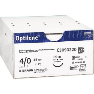 Braun Optilene 4-0 Suture With DS19 19mm 3/8 Circle Needle 45cm C3090220 Box/36