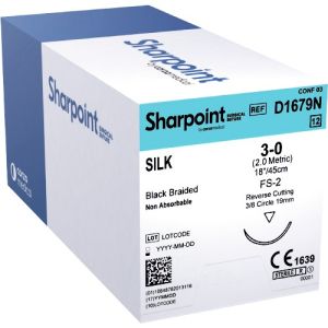 Corza Sharpoint 3-0 Silk Suture With FS-2 19mm 3/8 Circle Neddle 45cm D1679N Box/12