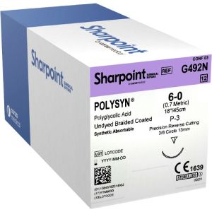 Corza Sharpoint 6-0 PolySyn Suture With P-3 13mm 3/8 Circle Needle 45cm G492N Box/12