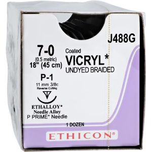 J&J Ethicon Vicryl 7-0 Suture With P-1 11mm 3/8 Circle Needle 45cm J488G Box/12