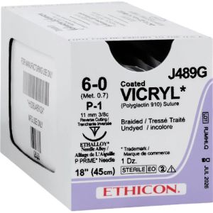 J&J Ethicon Vicryl 6-0 Suture With P-1 11mm 3/8 Circle Needle 45cm J489G Box/12