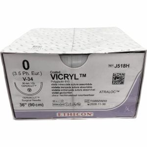 J&J Ethicon Vicryl 0 Suture With V-34 36mm 1/2 Circle Needle 90cm J518H Box/36