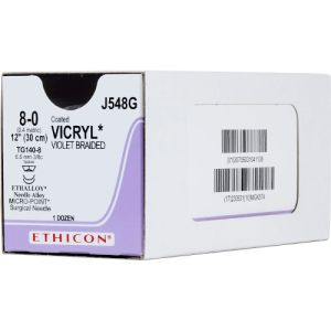J&J Ethicon Vicryl 8-0 Suture With TG140-8 6.5mm 3/8 Circle Needle 30cm J548G Box/12