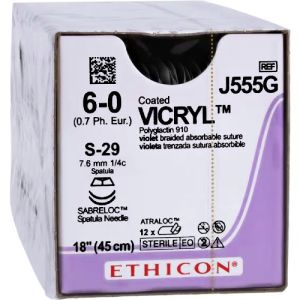 J&J Ethicon Vicryl 6-0 Suture With S-29 7.6mm 1/4 Circle Needle 45cm J555G Box/12