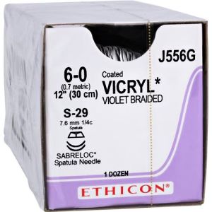 J&J Ethicon Vicryl 6-0 Suture With S-29 7.6mm 1/4 Circle Needle 30cm J556G Box/12