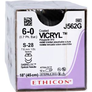 J&J Ethicon Vicryl 6-0 Suture With S-28 7.6mm 1/2 Circle Needle 45cm J562G Box/12