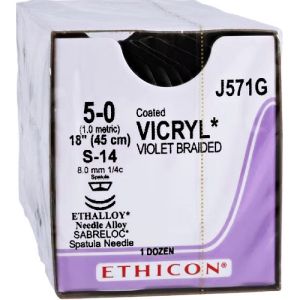 J&J Ethicon Vicryl 5-0 Suture With S-14 8mm 1/4 Circle Needle 45cm J571G Box/12
