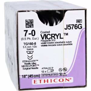 J&J Ethicon Vicryl 7-0 Suture With TG160-8 5.5mm 1/2 Circle Needle 45cm J576G Box/12