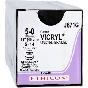 J&J Ethicon Vicryl 5-0 Suture With S-14 8mm 1/4 Circle Needle 45cm J671G Box/12