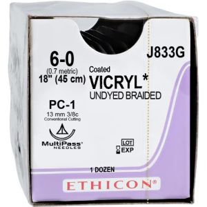 J&J Ethicon Vicryl 6-0 Suture With PC-1 13mm 3/8 Circle Needle 45cm J833G Box/12