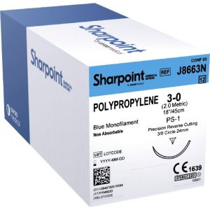 Corza Sharpoint 3-0 Polypropylene Suture With PS-1 24mm 3/8 Circle Needle 45cm J8663N Box/12