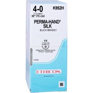 J&J Ethicon Perma-Hand 4-0 Suture With V-5 17mm 1/2 Circle Needle 75cm K952H Box/36