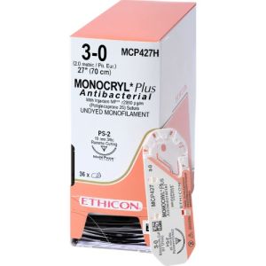 J&J Ethicon Monocryl Plus 3-0 Suture With PS-2 19mm 3/8 Circle Needle 70cm MCP427H Box/36