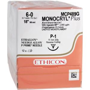 J&J Ethicon Monocryl Plus 6-0 Suture With P-1 11mm 3/8 Circle Needle 45cm MCP489G Box/12