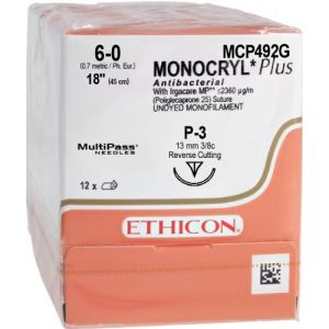 J&J Ethicon Monocryl Plus 6-0 Suture With P-3 13mm 3/8 Circle Needle 45cm MCP492G Box/12