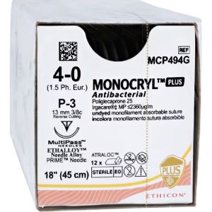 J&J Ethicon Monocryl Plus 4-0 Suture With P-3 13mm 3/8 Circle Needle 45cm MCP494G Box/12