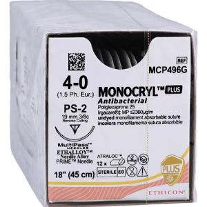 J&J Ethicon Monocryl Plus 4-0 Suture With PS-2 19mm 3/8 Circle Needle 45cm MCP496G Box/12