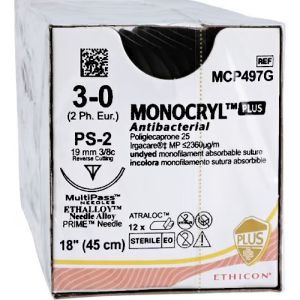 J&J Ethicon Monocryl Plus 3-0 Suture With PS-2 19mm 3/8 Circle Needle 45cm MCP497G Box/12