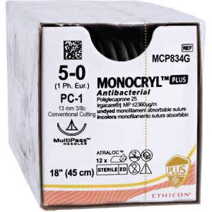 J&J Ethicon Monocryl Plus 5-0 Suture With PC-1 13mm 3/8 Circle Needle 45cm MCP834G Box/12