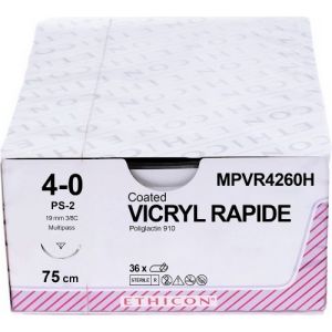 J&J Ethicon Vicryl Rapide 4-0 Suture With PS-2 19mm 3/8 Circle Needle 75cm MPVR4260H Box/36