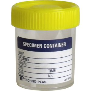 Techno Plas Specimen Container 70ml P/P Labelled Yellow Cap P5744ULUV - Box/550